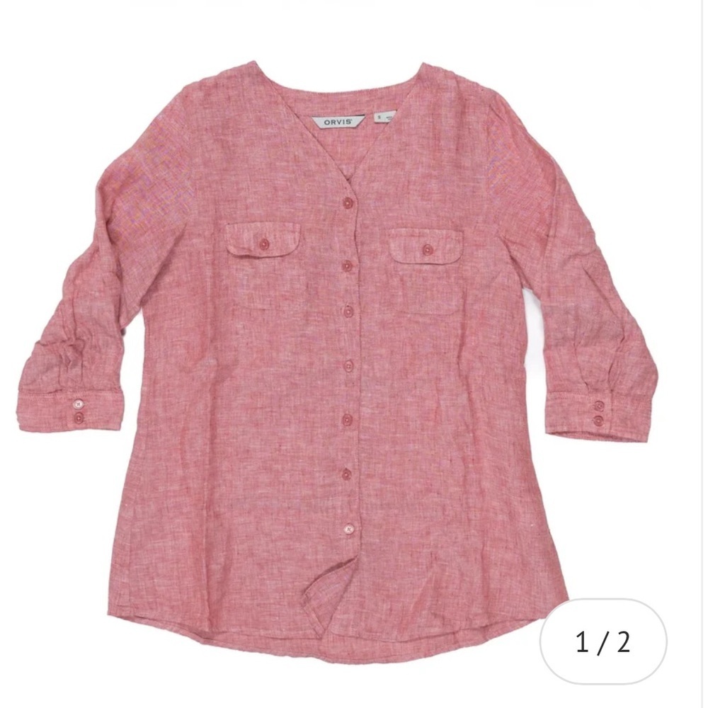 Orvis Blouse Tunic Top Size Large 100% Linen Red Heather Chambray 3/4 Sleeve